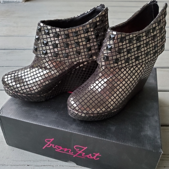 Iron Fist Shoes - Iron Fist Heavy Metal Silver Pewter Studded Wedges